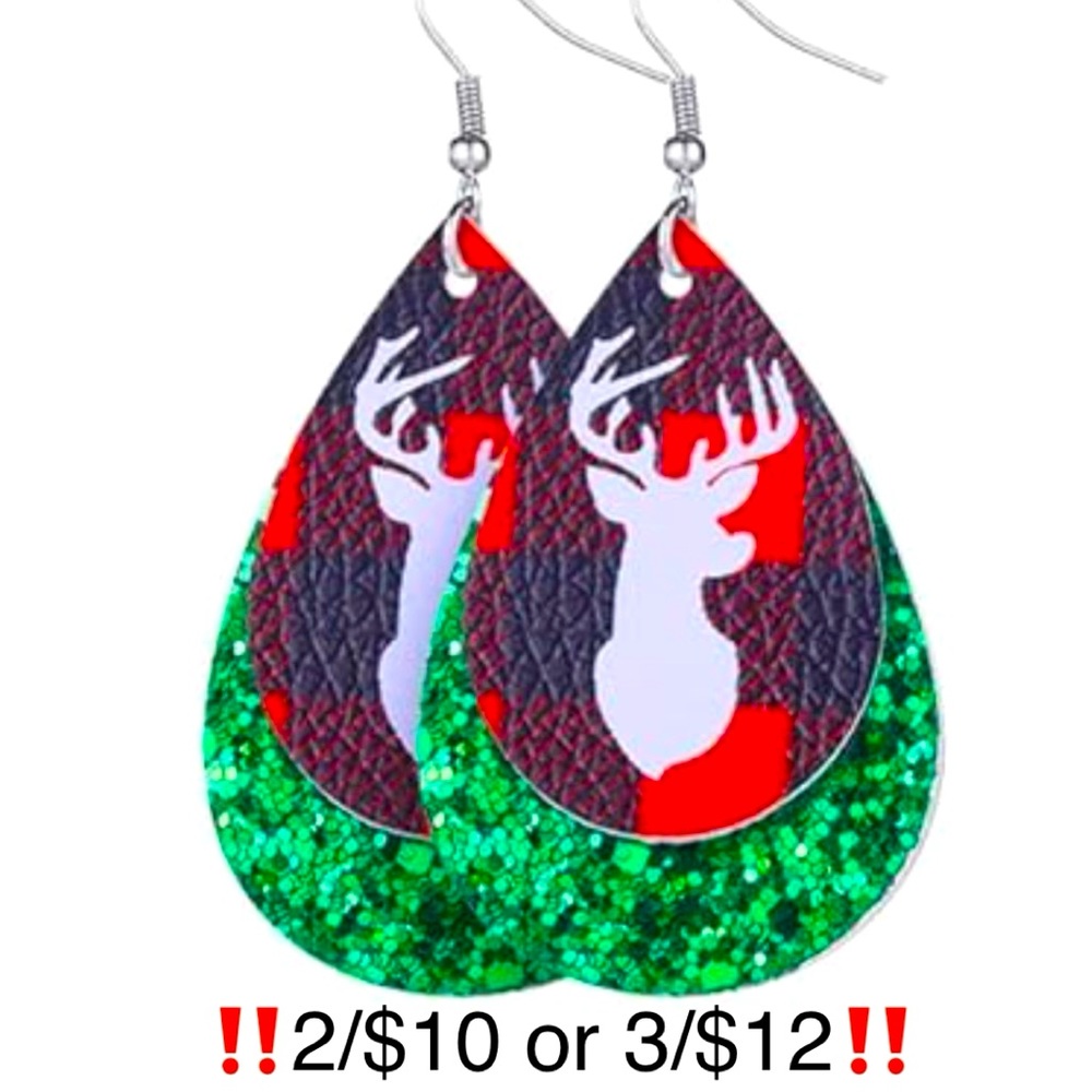 Buffalo Plaid Reindeer Glitter Layered Faux Leather Earrings